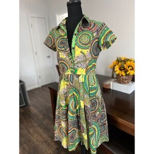 Psychedelic Abstract swirl print Shirt Dress retro boho green yellow Size‎ 4